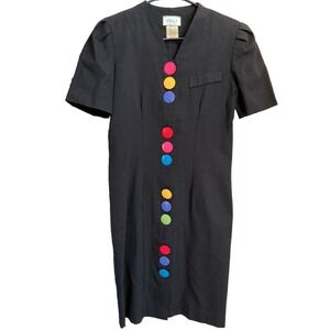 Vintage 80s Peri PETITES Black Shift Dress Size 6 Rainbow Button Up Cap Sleeves